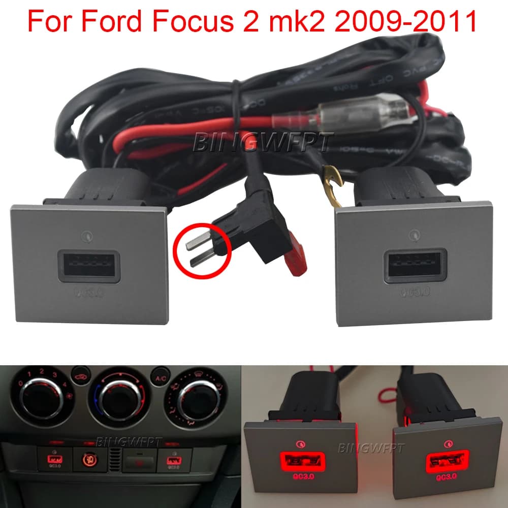 Caricatore USB per Auto Ford Focus 2 Mk2 2009-2011, Doppia Porta QC3.0 a Ricarica Rapida, Adattatore per Ricarica Telefono con Pulsante, Retroilluminazione Rossa e Fusibile