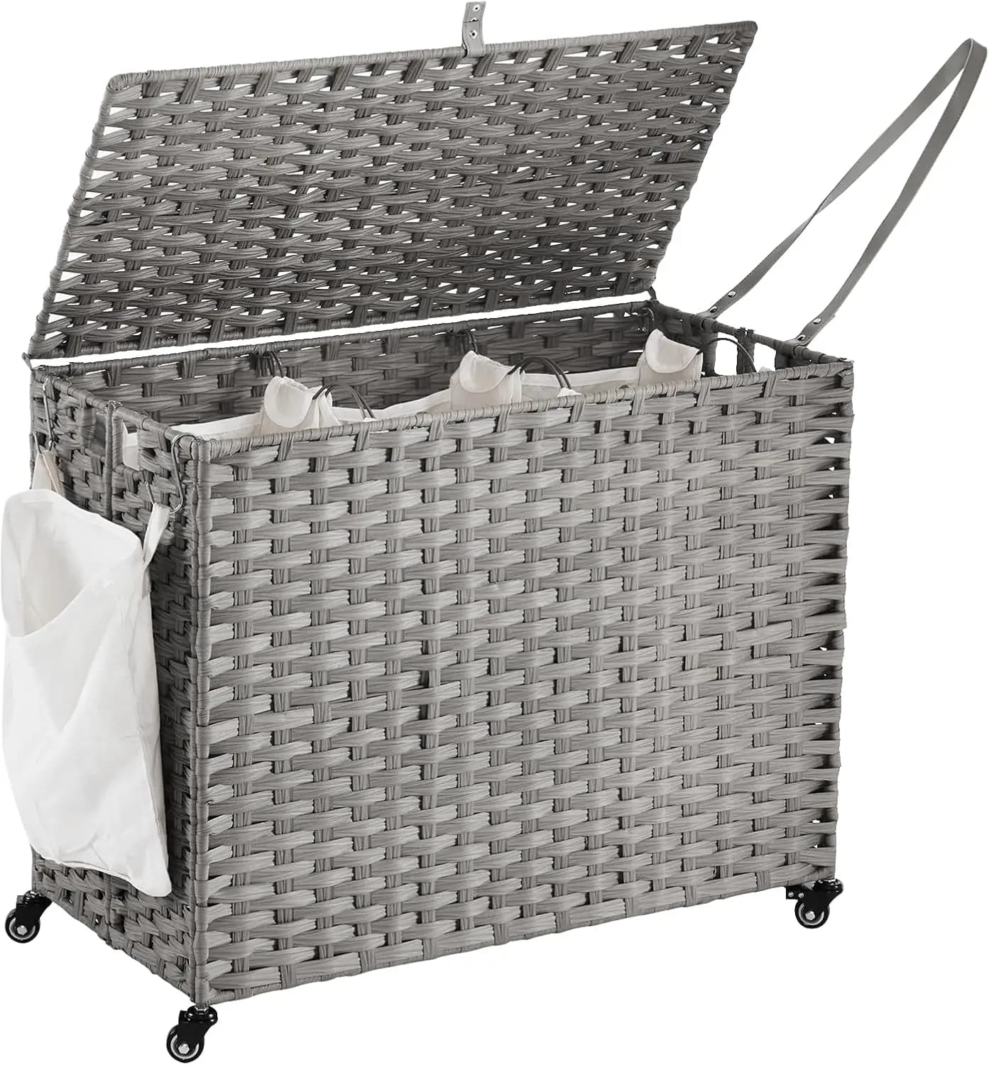 Large Whiteware Basket with Wheels and Covers, 3 Sections Parts, Removable Bags and Wheels, Grey