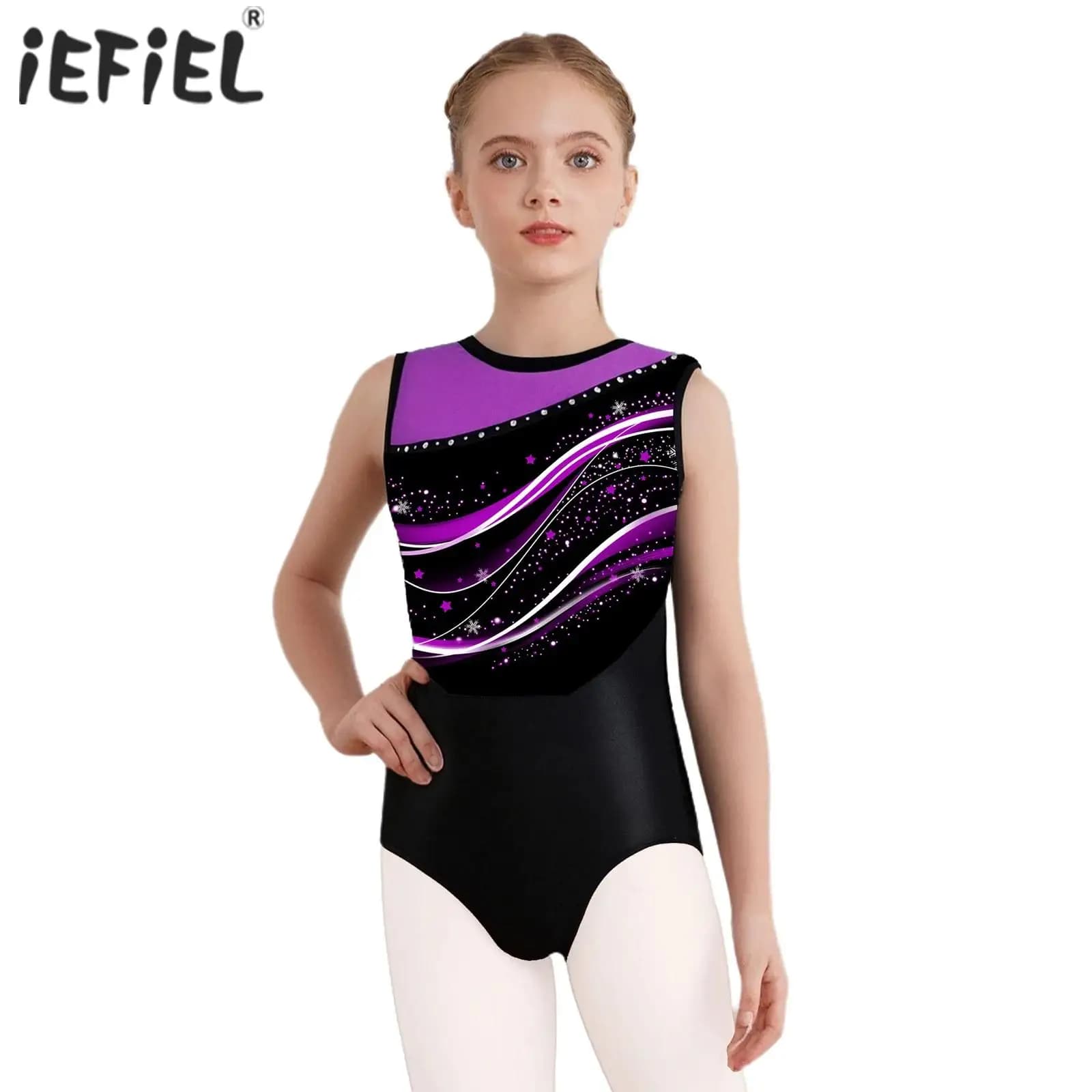 Bambini Ragazze Strass Ginnastica Maglia da balletto Body da ballo Canotta Body Artistico Pattinaggio di figura Costume da spettacolo di danza