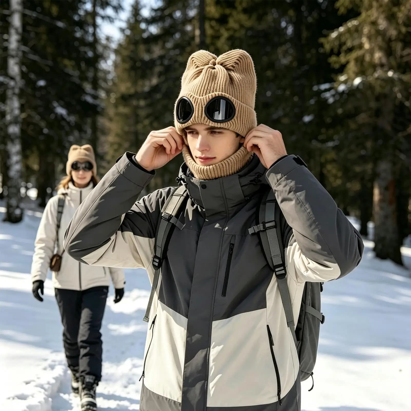 Goggle Knit Winter Windproof Warm Ski Cycling Unisex Hat Beanie With Glasses For Men Women Ski Cycling Baseball Vacation Travel