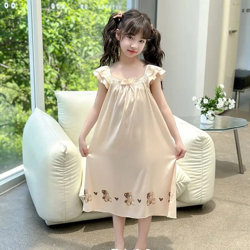 New Summer Korean Style Girls Sleeveless Nightgown Ice Silk Pajama Dress Outer Wear