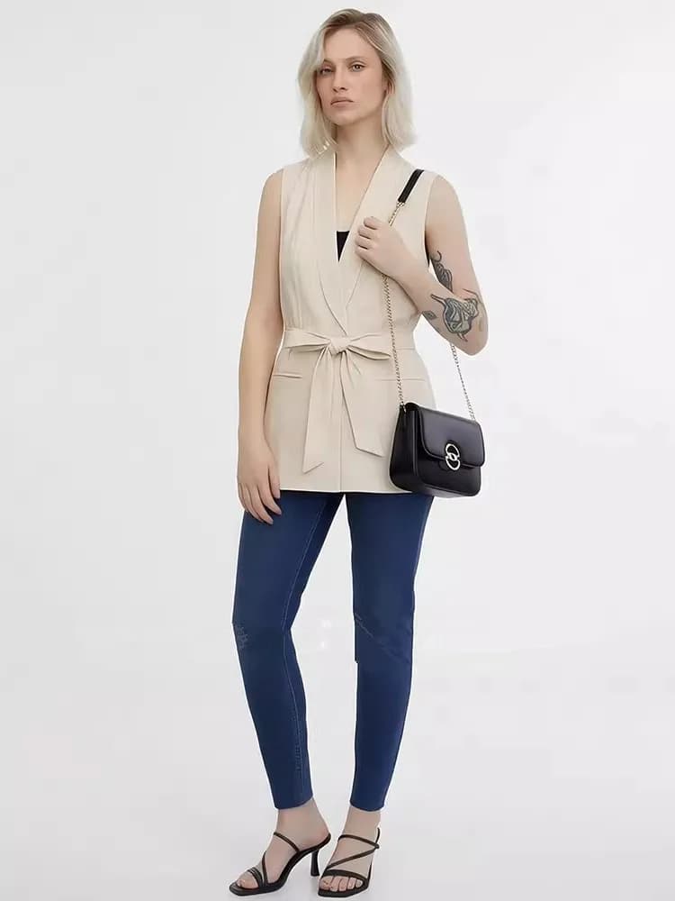 Casual Loose Fit Linen Blend Vest Jacket Women's Style V-neck Waist Belted Suit Jacket Old Money Style Fashion Outerwear