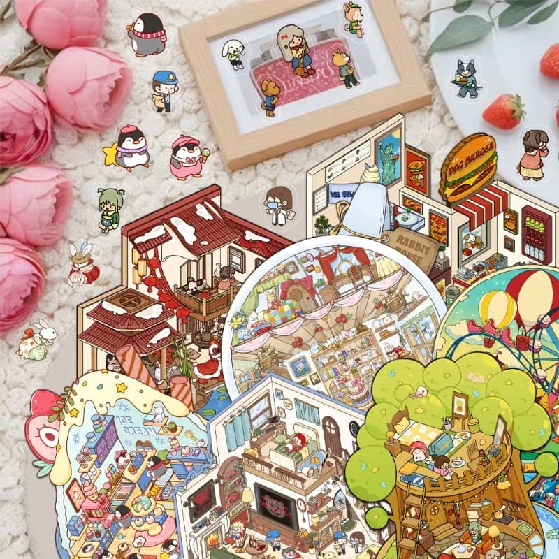 Popular Miniature World Landscape Stickers Kit DIY PET Material Creative Relaxing Scrapbook Decor Stickers