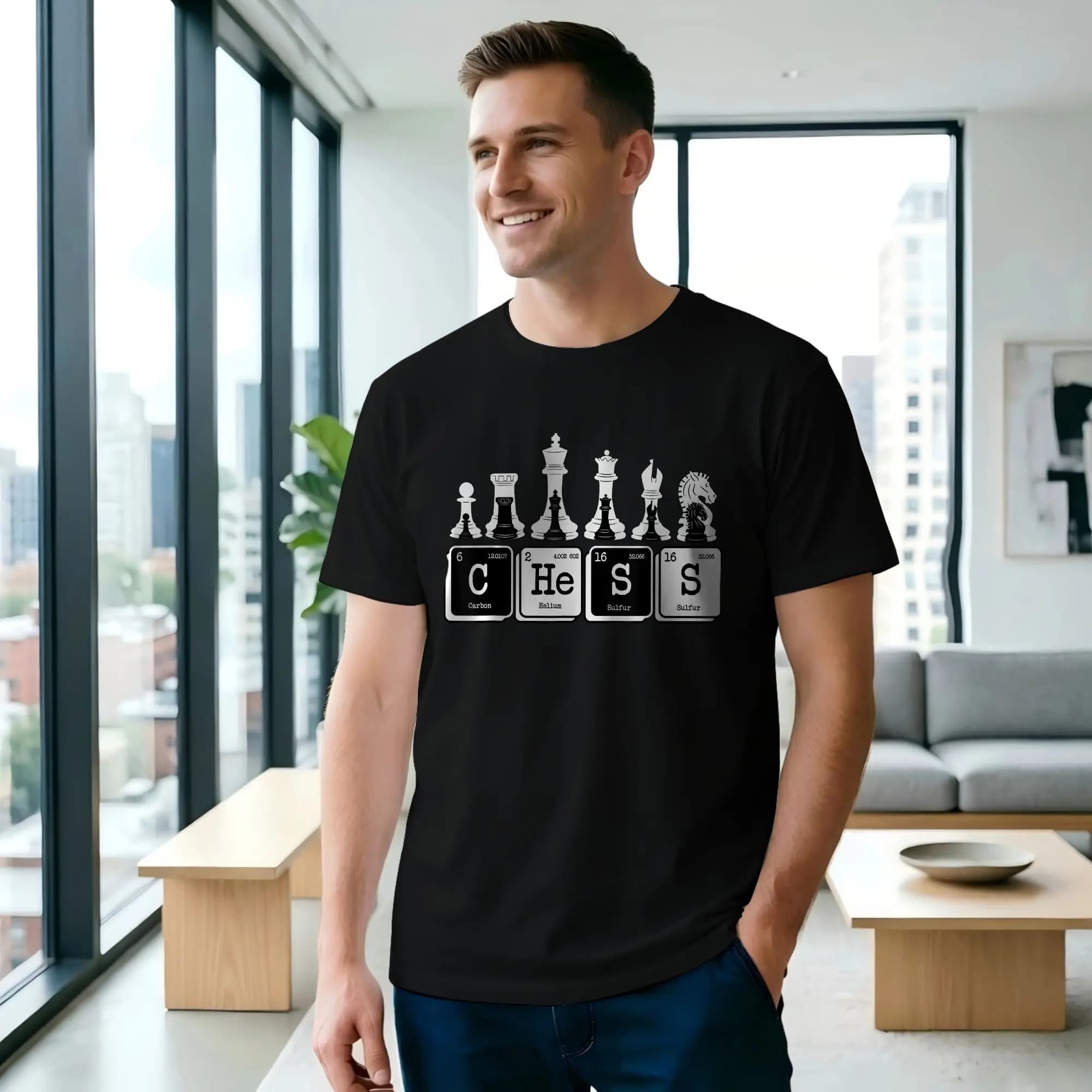 Divertente Maglietta con Scacchiere e Personaggi, T-Shirt da Uomo a Maniche Corte con Collo Rotondo, 100% Cotone, Regalo di Compleanno