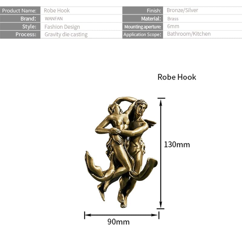 Romantic Wall Hook in Golden Brass, Classic Hook Resistant for Towels, Bathrobes, Coats and Bathtub Dresses