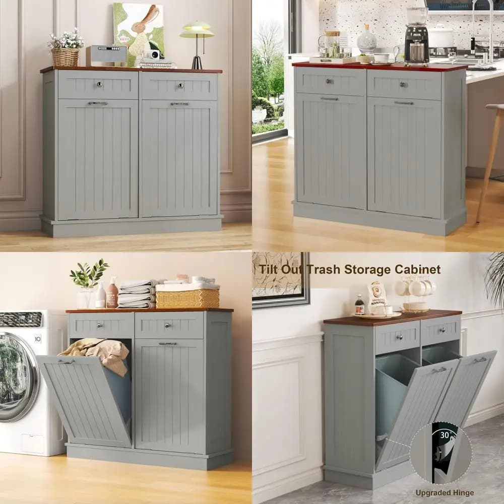 Mobile da Cucina in Legno Grigio per Riciclaggio con Doppio Contenitore per Rifiuti