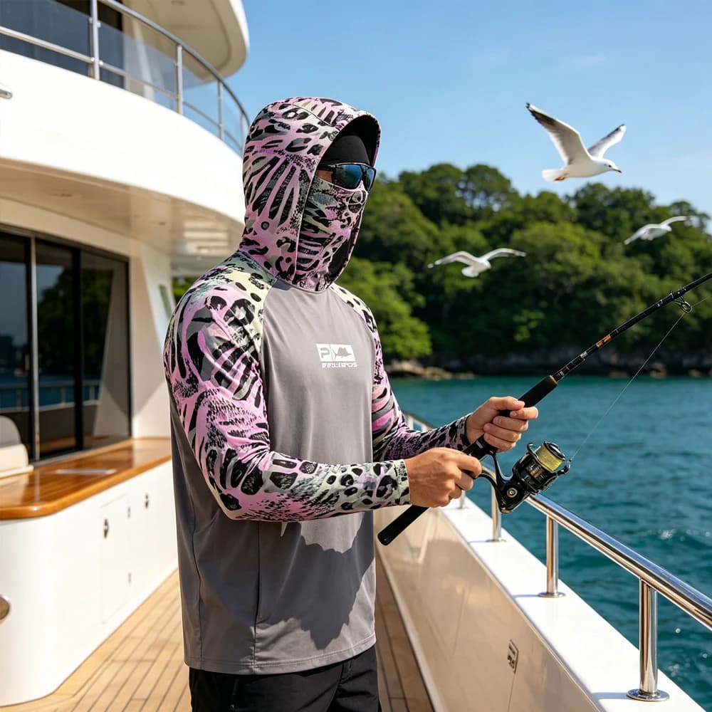 Cappuccio and Maschera Integrated Fishing Sweatshirt for Men, UV Protection, Breathable, for Open Sports