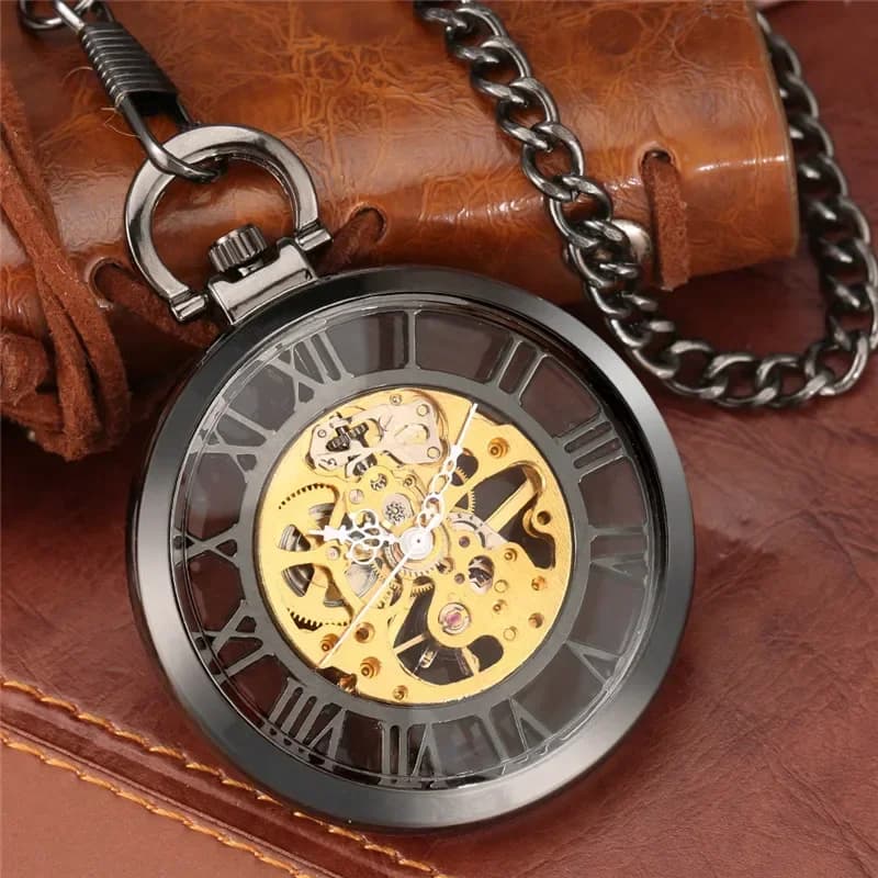 Orologio da tasca trasparente Steampunk con numeri romani meccanici a carica manuale di lusso, quadrante aperto, catena nera, uomo, donna, regalo fantastico