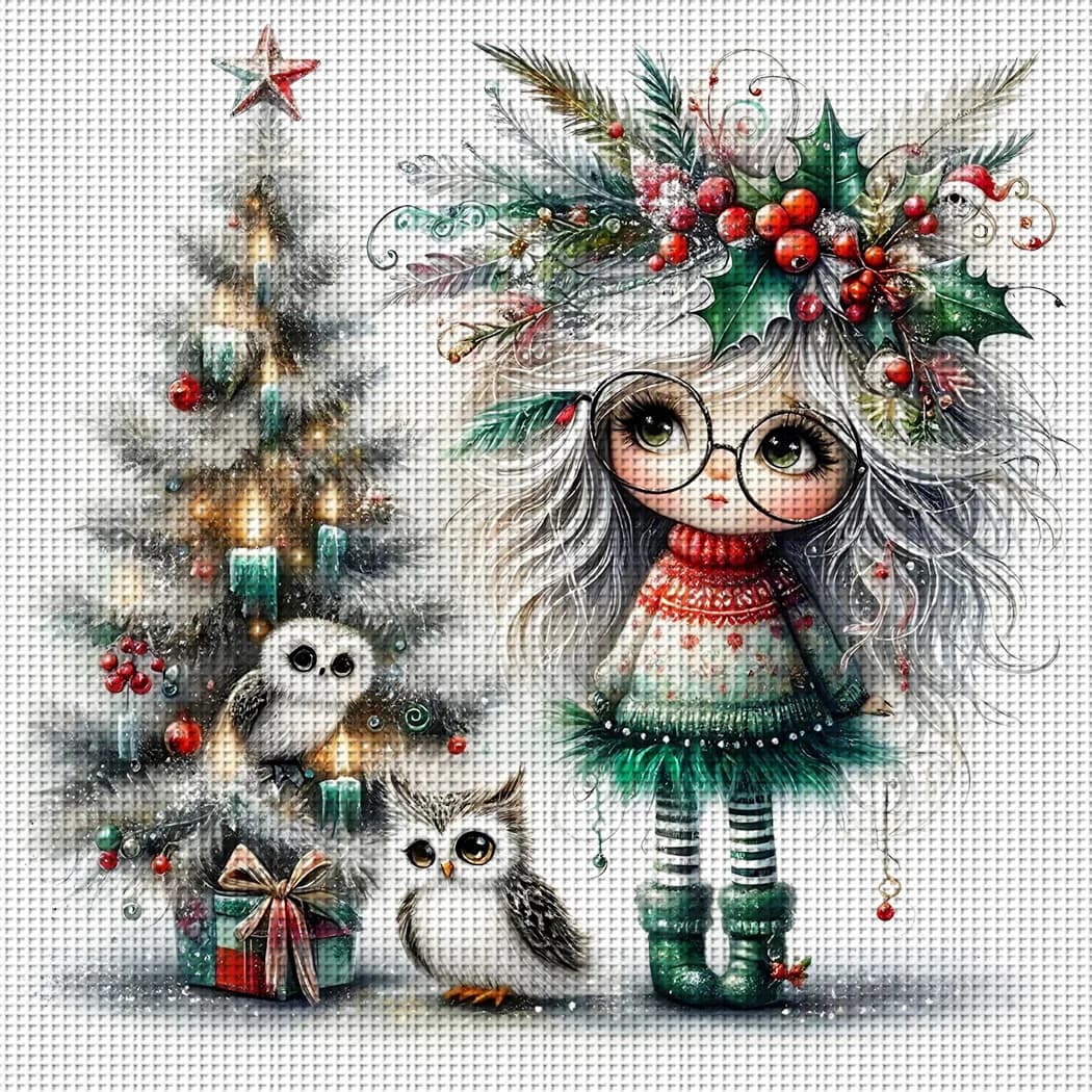 1PC 46X46cm/18.11X18.11in, 11CT print cross stitch DIY kit,Winter Girl with Owl,adult beginner's relaxed cross stitch stitch set