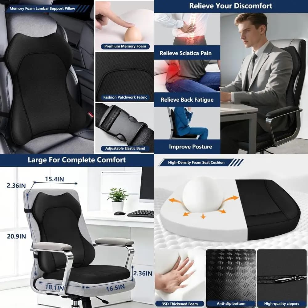 Cuscino Ergonomico in Memory Foam, Supporto Lombare, Sollievo dal Dolore al Coccige per Sedia da Ufficio, Auto, Scrivania - Nero