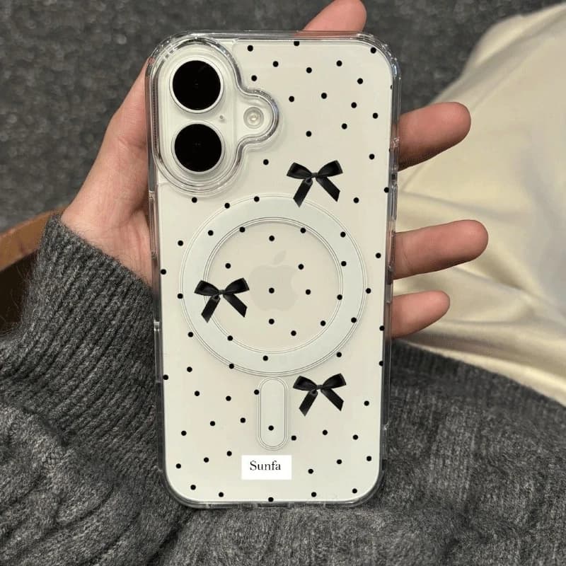 Ins Black Polka Dot Bow For Magnetic Girly Phone Case For iPhone 17 Air 17 16 E 15 14 13 12 11 Pro Max 16 Plus Anti-Drop Cover