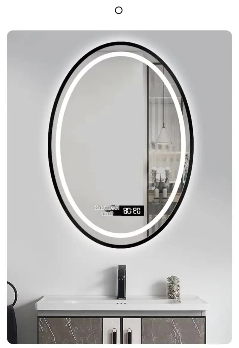 16x24inch Oval LED Bathroom Mirror Gold Frame Anti-Fog Touch Control Colors Dimmable Backlit Clock Display IP44 110V-220V