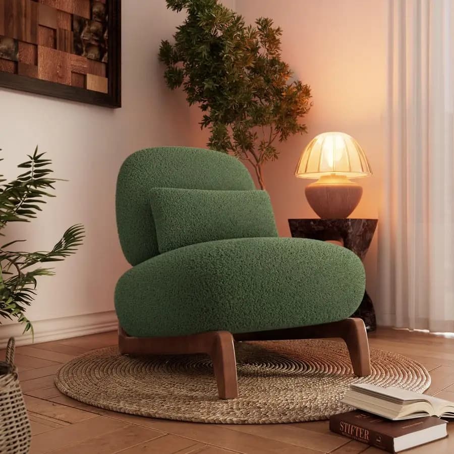 Poltrona Singola Sherpa Boucle, Sedia Moderna Inclinabile in Legno con Cuscino Spesso, Comodo Supporto Lombare, Senza Braccioli, per Lettura e Relax