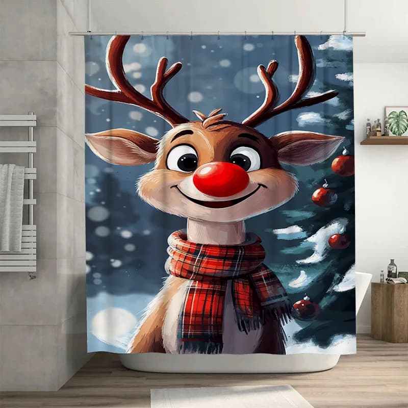 Tuniu Adorabile renna Tenda da doccia natalizia Festiva Foresta Animale Vacanza Decorazioni per il bagno Simpatico cervo del bosco Stampa Waterproo