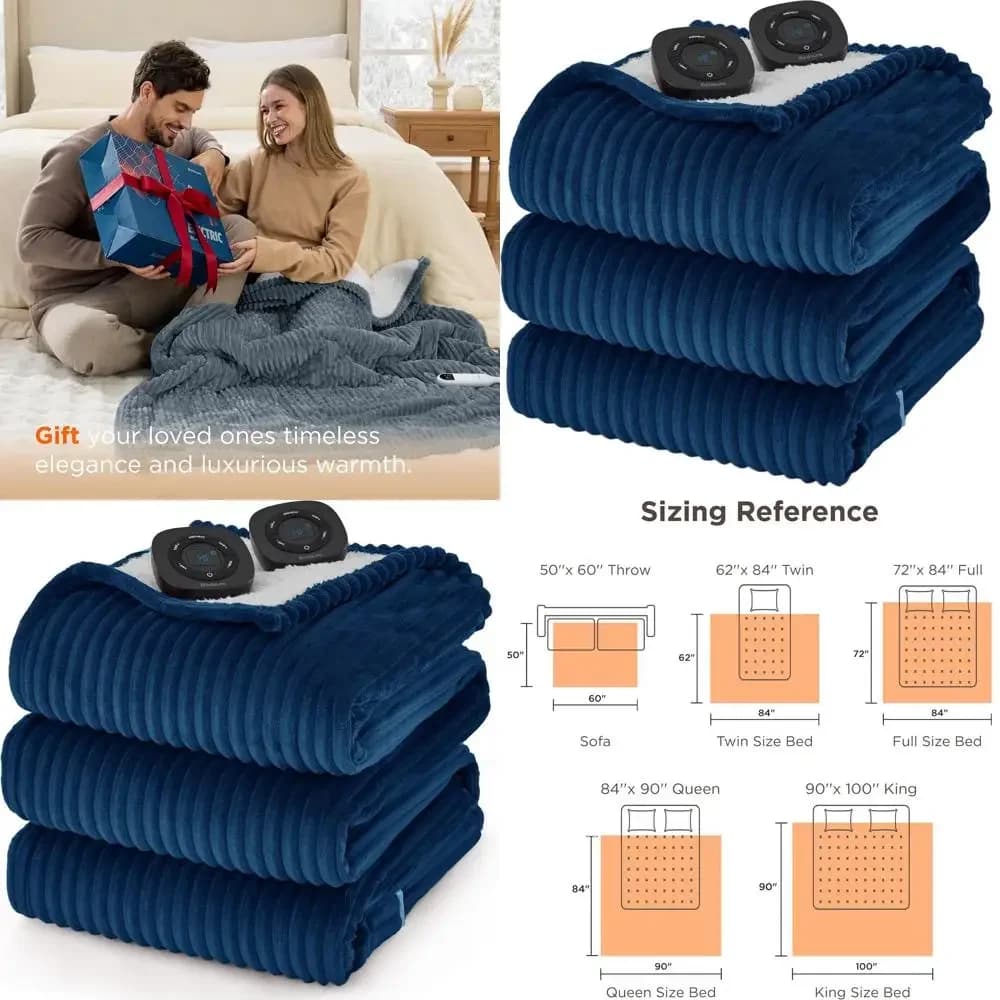 Coperta Elettrica Queen Size con 10 Livelli di Calore e 10 Impostazioni Timer, Spegnimento Automatico dopo 8 Ore, Blu Navy