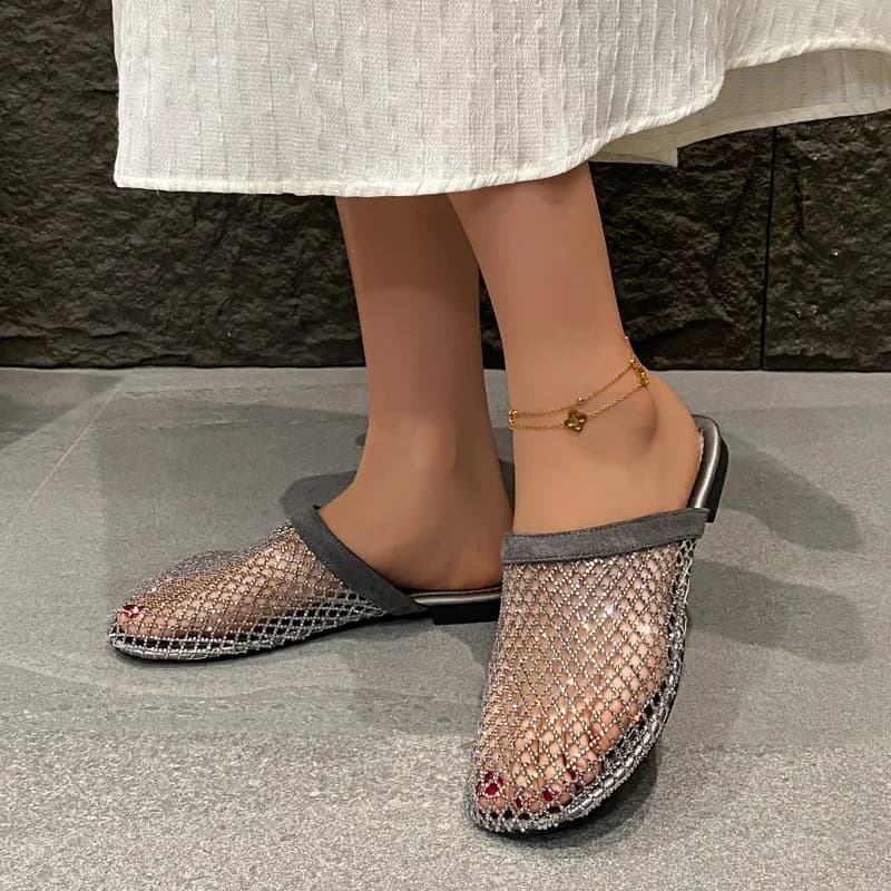 Fashion Round Toe Deep Mouth Soft Sole Non-Slip Wrapped Toe Slippers Rhinestone Mesh Breathable Flat Sandals