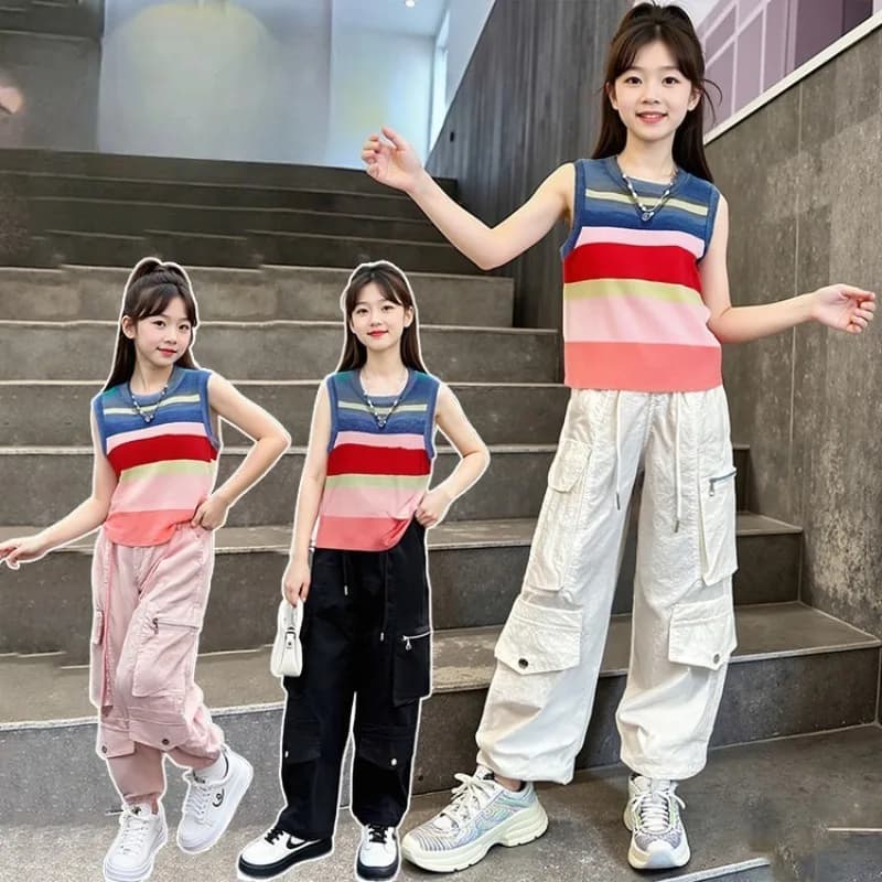 Girls Summer Clothing Set Kids Rainbow Striped T-shirt Ice Silk Vest Tops Overalls Set Children's Wide-leg Pants Casual Suit