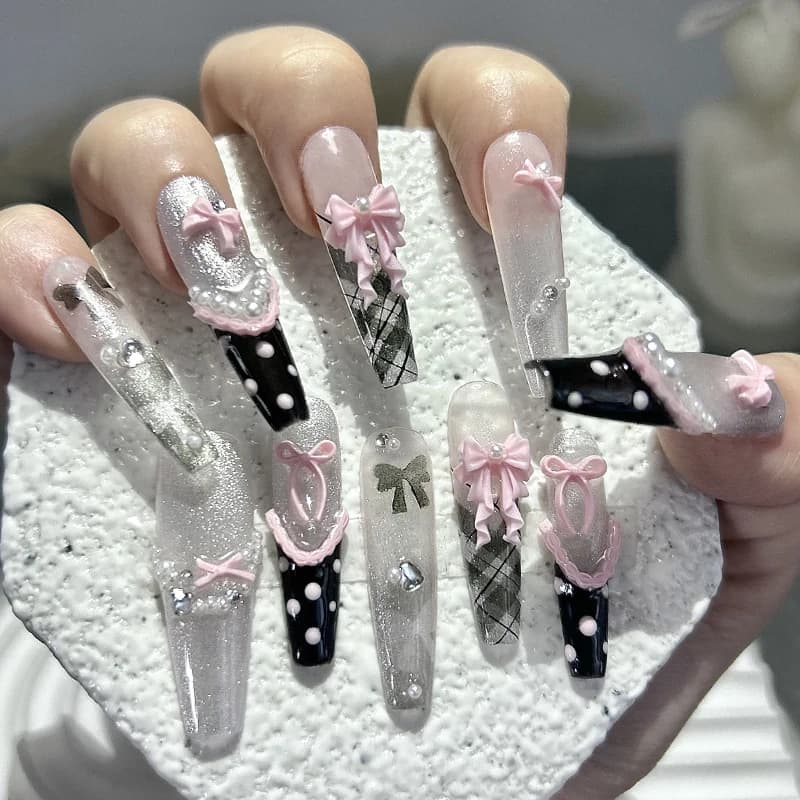 10 pieces Y2K black French pink handmade print on nails cute ribbon polka dot tape bow along nail art sweet sharp glitter fake nails