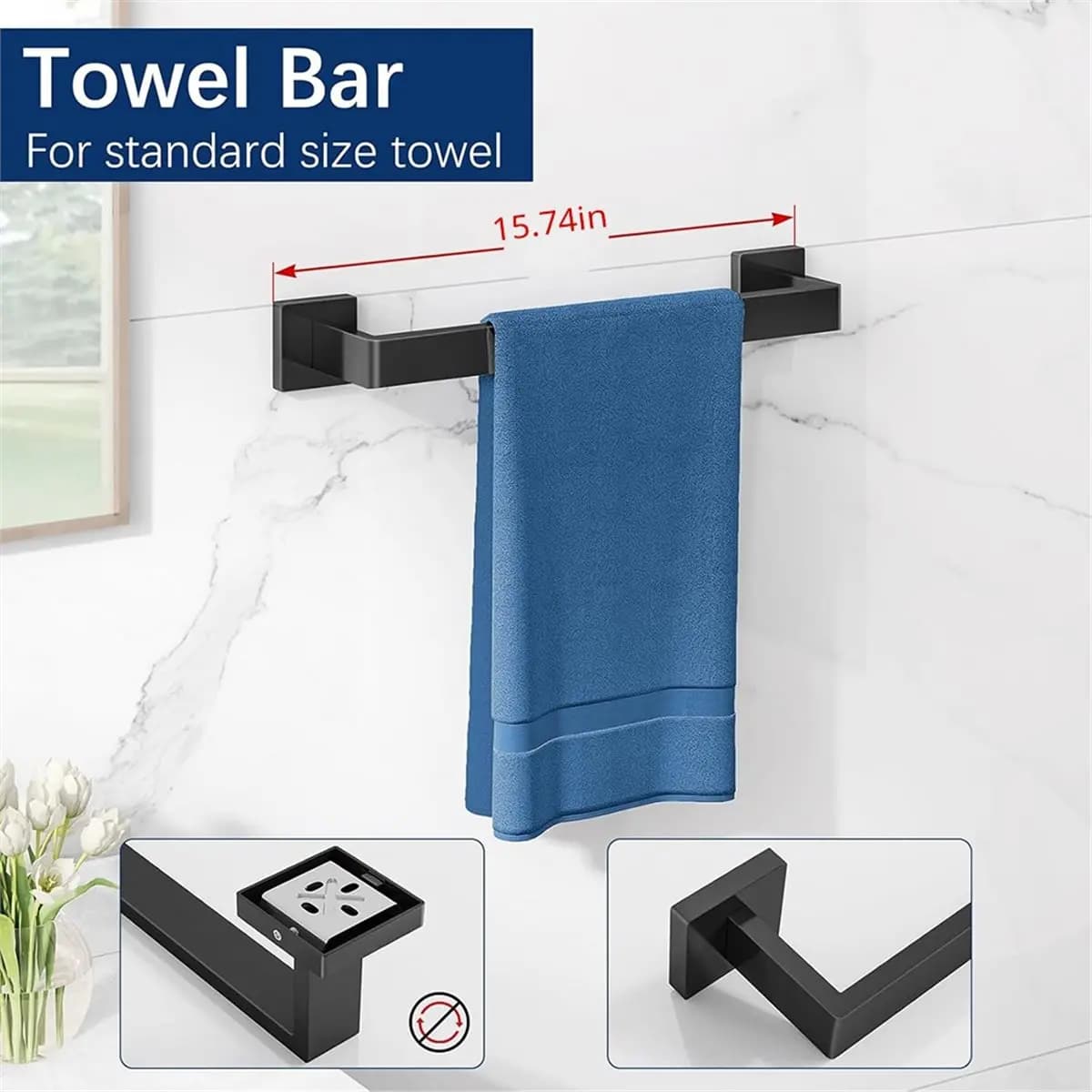 Home Tool 5Pcs Bathroom Hardware Accessories Set Towel Racks for Bathroom Wall Mounted Stainless Steel Black Towel Bar Set 15.74