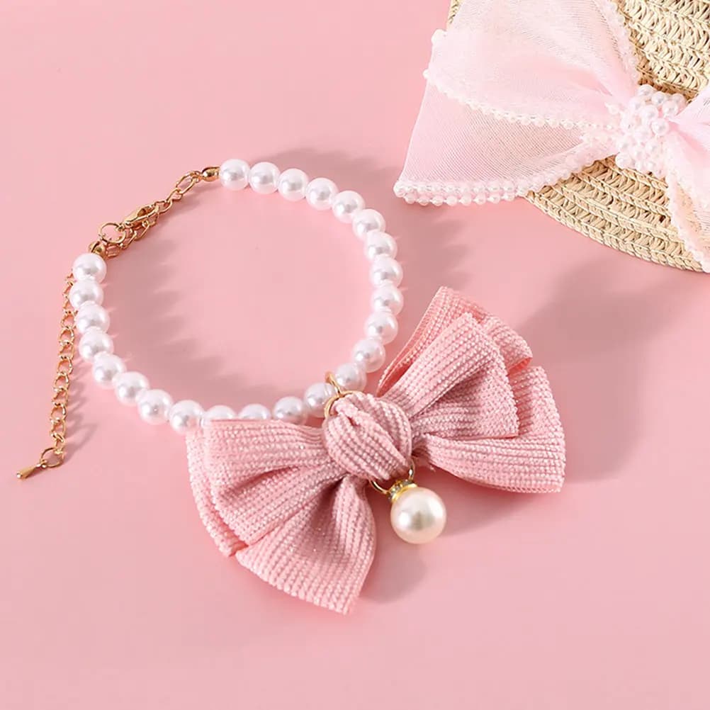 Bellissimo collare per gattini con perle e fiocco, collare per cani in poliestere leggero, accessorio decorativo per feste e festival, resistente all'usura, squisito.