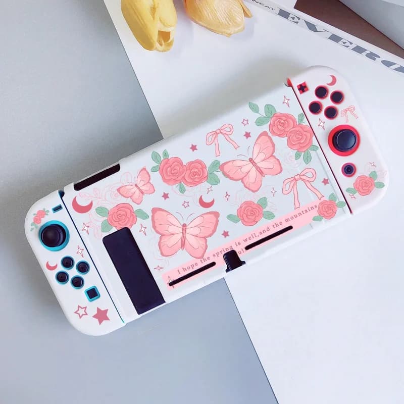 Guscio protettivo rosa farfalla e rosa per Nintendo Switch NS Custodia protettiva antipolvere per controller console di gioco con guscio morbido in TPU