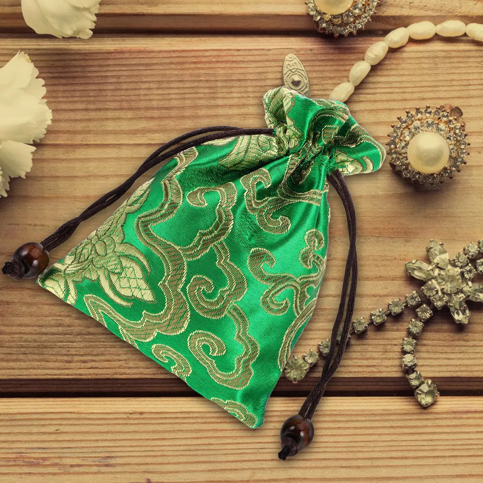 Silk Brocade Embroidered Drawstring Pouch for Singing Bowls Small Jewelry Storage Bag Elegant Fortune Shape Portable Lightweight
