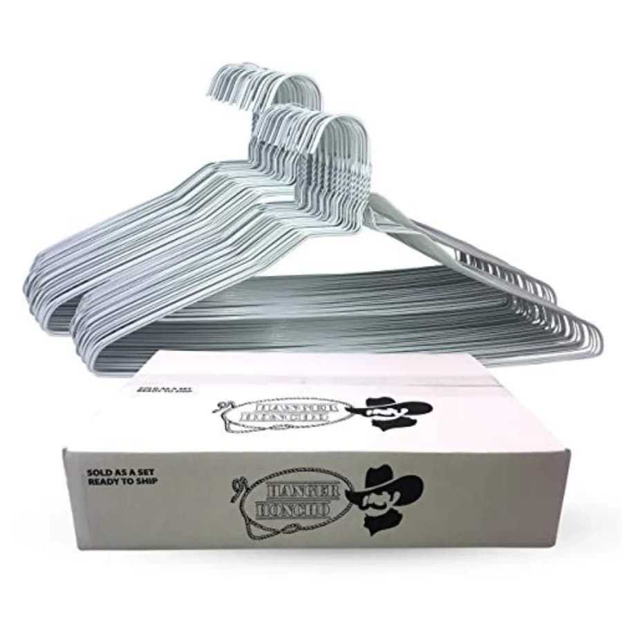 Wire metal hanger, 50 pack, for shirts, pants and skirts of standard size, space saving, anti-slip, 18 inch, 14.5 caliber, ultra thin