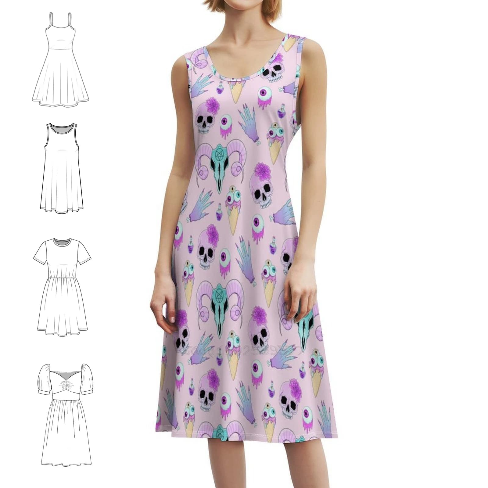 Copy Of Kawaii Pastel Goth Cute Creepy Occult Pattern Bohemian Sleeveless Dress Multi-Print Beach Vacation Party Dress Cute