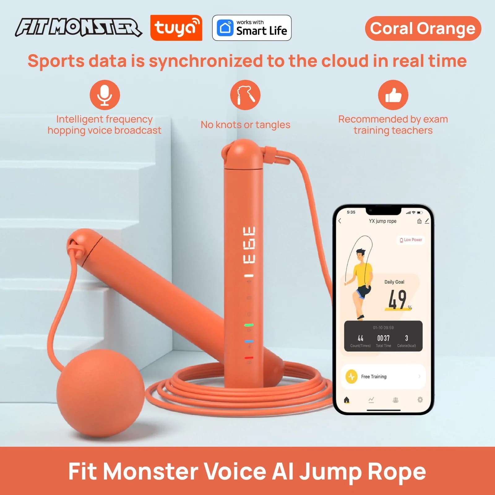 【Coral Orange】Fit Monster Smart Voice Jump Rope|AI Counter&LED Big Screen|Premium Orange Fitness Rope|Bluetooth APP|30Days USB-C