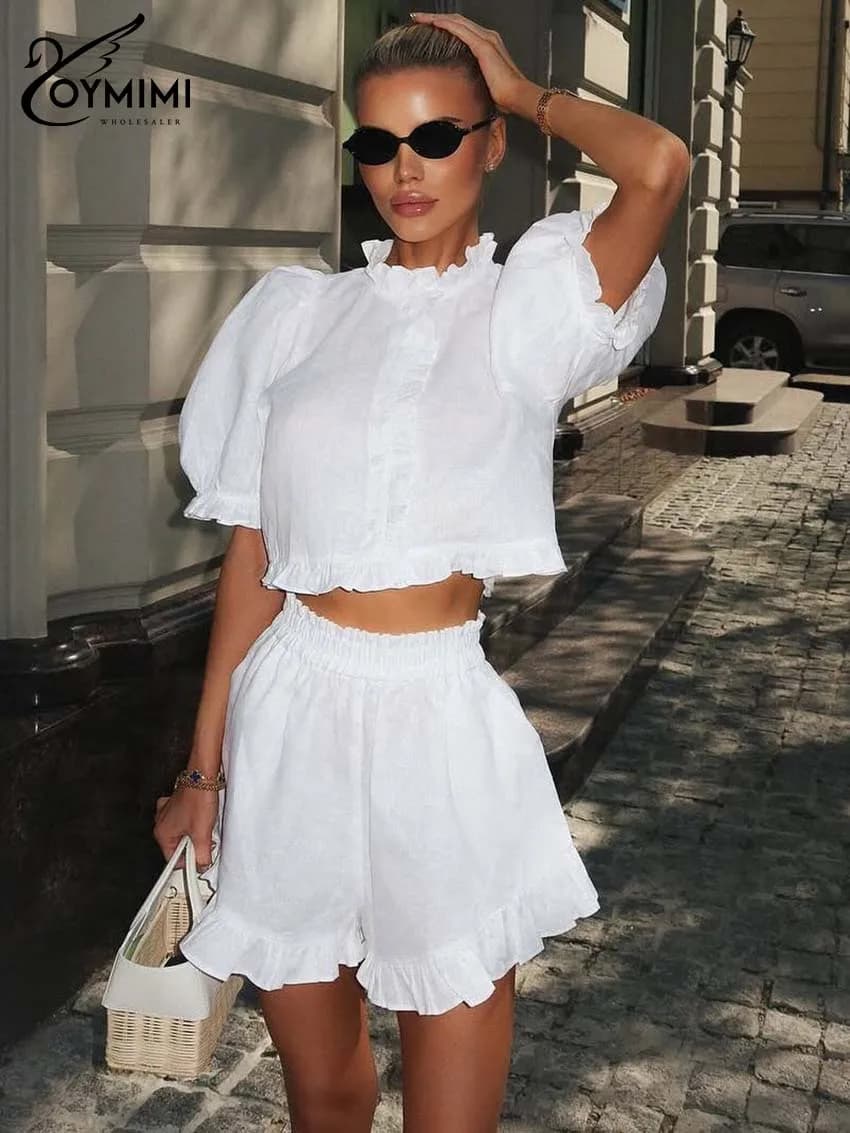 Oymimi Elegant set of two pieces in white cotton Women's Fashion with volant Neckline with sleeves Short shirts with buttons and high waist shorts set