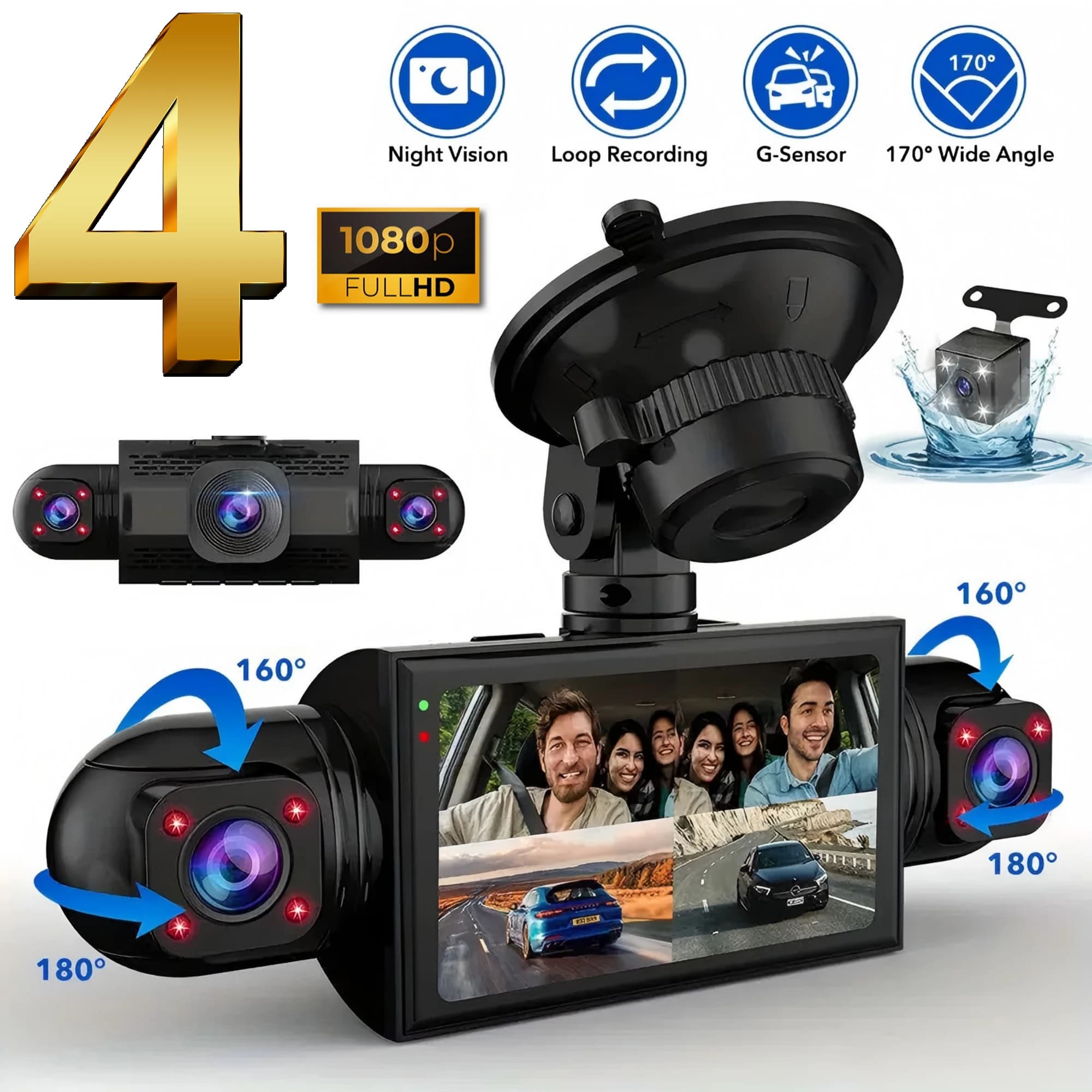 Dash Cam per auto 4 canali Black Box Telecamera di guida FHD 1080P Anteriore Sinistra Destra Posteriore Visione notturna Registrazione in loop Aggiungi kit Hardwire
