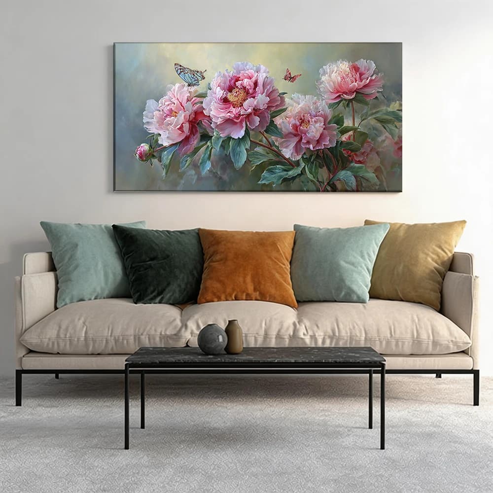 Painted on canvas with large wooden frame, 1 piece, Peonie with butterflies, floral art.
