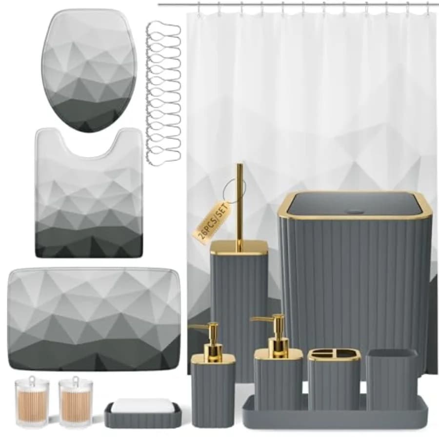 Set di Accessori per il Bagno - Set da 26 Pezzi con Tenda Doccia e Tappetino, Set di Accessori per il Bagno con Cestino, Toilette
