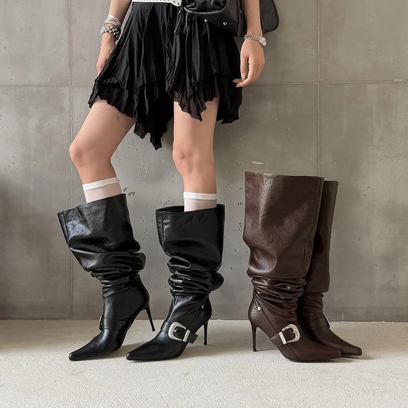 MKKHOU Women Pointed‑Toe Crinkled‑Leather Knee‑High Boots Rhinestone‑Buckle Slim Stiletto Heel Pull‑On Tall Boots Women