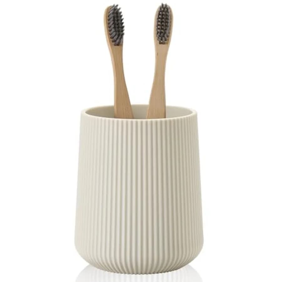 Portaspazzolino a righe beige per spazzolini elettrici, organizer da bagno, tazza per dentifricio e per adulti