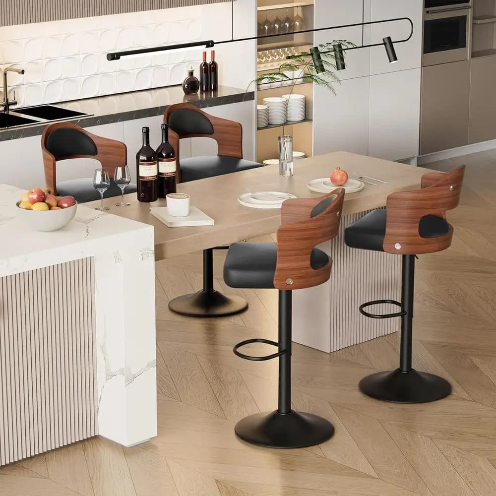 Set di 4 Sgabelli da Bar Girevoli in Legno Rivestiti in Pelle PU con Schienale e Poggiapiedi, Altezza Regolabile 24.5-33.5IN, Adatti per