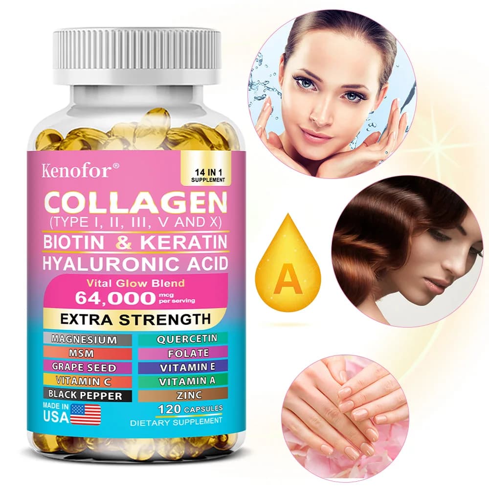 Kenofor Collagen 1000mg with Biotin 10,000mcg, Keratin Hyaluronic Acid Vitamin C Healthy Formula Food Supplement Without Gluten