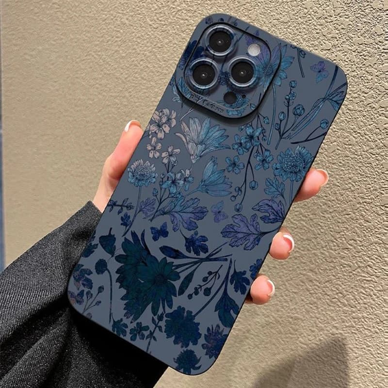 Cover per telefono con motivo floreale blu-viola su base grigia per Samsung S26 Ultra, Galaxy S25 FE, S24 Plus, S23, S22, A16, A36, A56, A55, A54, A53