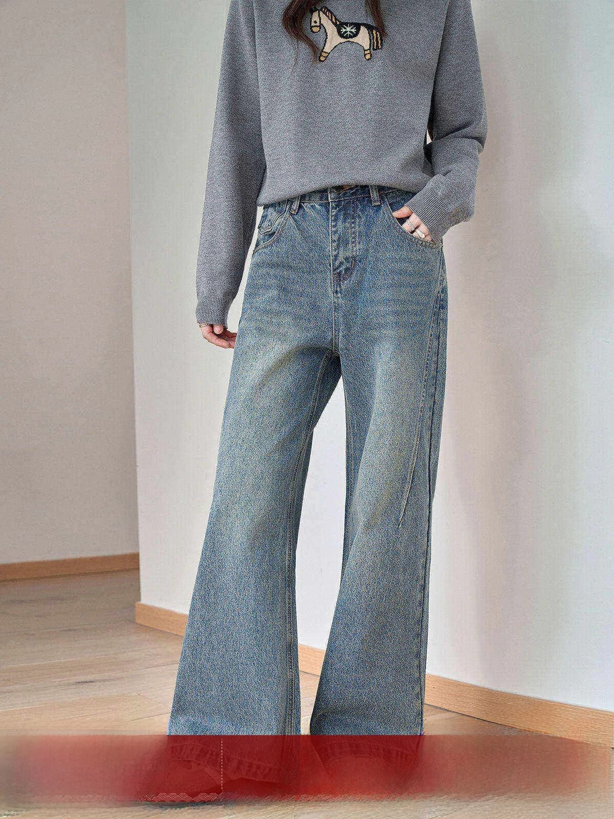 Jeans Blu a Vita Alta e Gamba Dritta da Donna, Pantaloni Larghi e Comodi, Nuovo Stile Primaverile per il Lavoro, in Misto Cotone