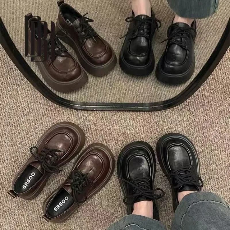 Women Vintage Brown Lace‑up Platform Oxford Shoes Round Toe Chunky Thick Sole JK Preppy StyleCasual Height Increase Ladies Shoes