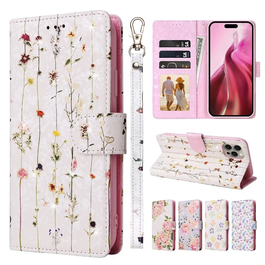 Custodia a portafoglio con cornice floreale stampata a caldo con blocco RFID per iPhone 16 15 Pro Max 16e 14 Pro 13 12 11 7 8 Custodia a vibrazione con cinturino