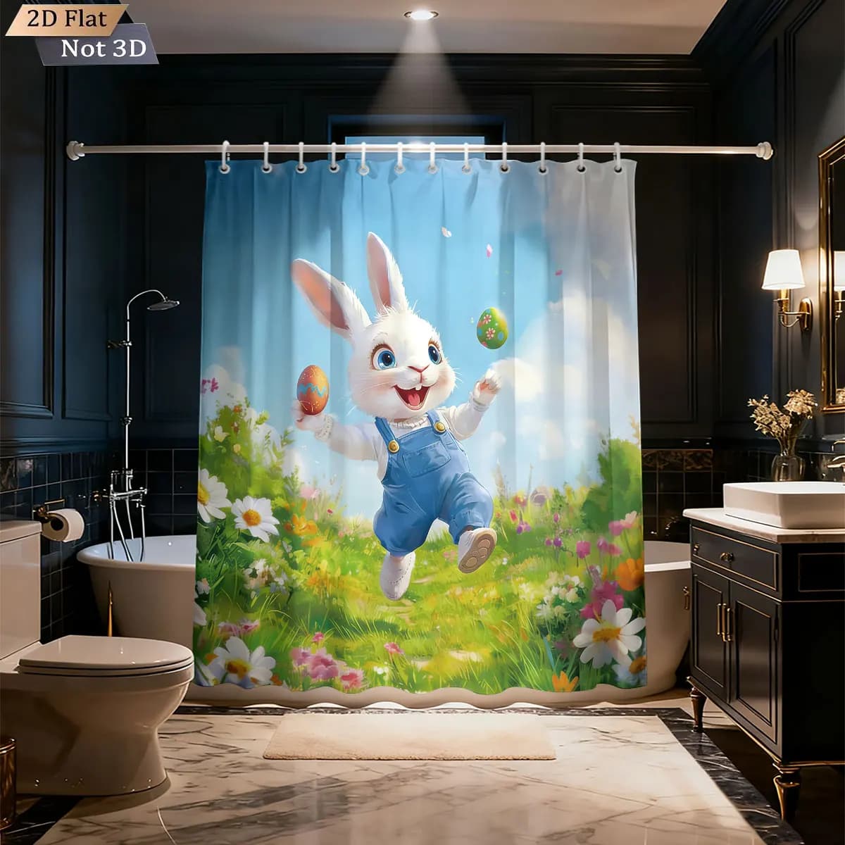 1pc Pasqua Felice Cartone Animato Coniglio Stampato Tenda da Doccia Impermeabile Divisorio Privacy Tenda Appesa con 12 Ganci Dimensioni Multiple