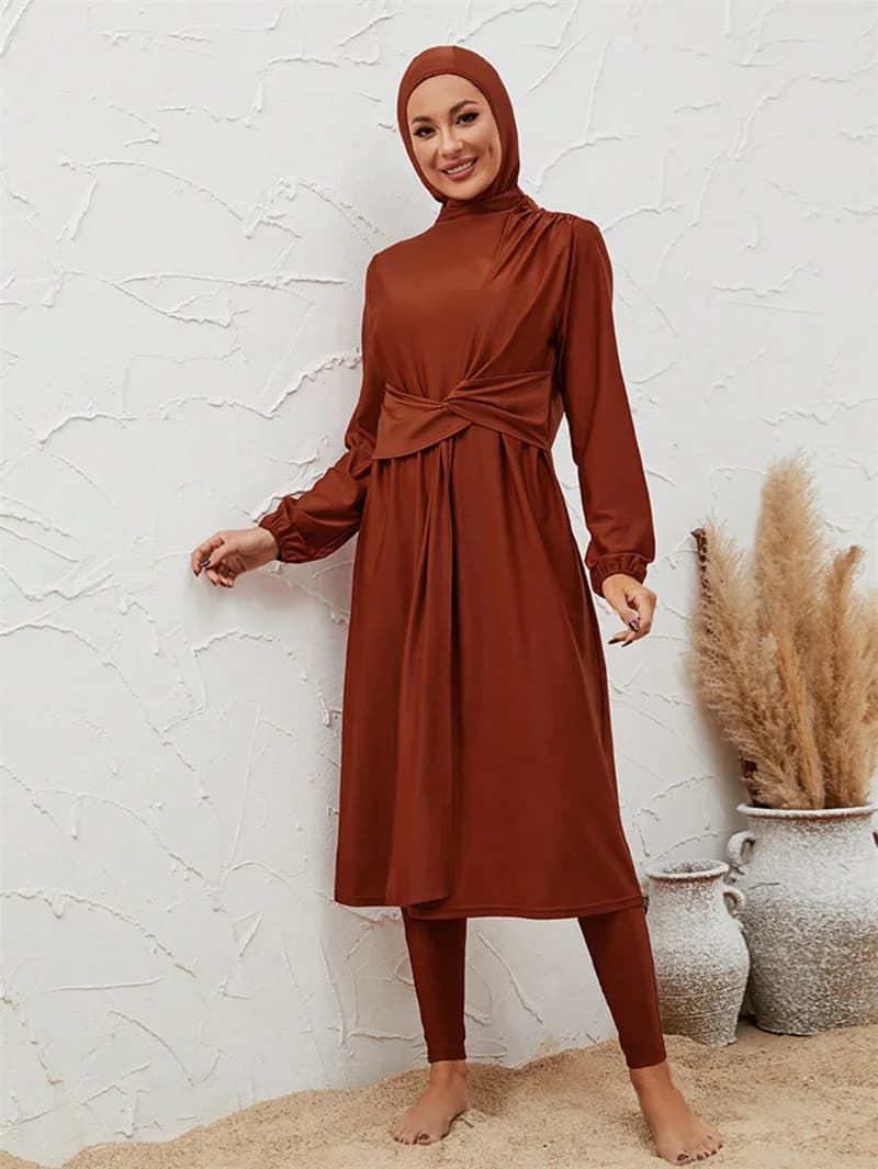 Costume da bagno musulmano da donna, completo a 3 pezzi con vestito, hijab e pantaloni a vita alta, abbigliamento islamico modesto.