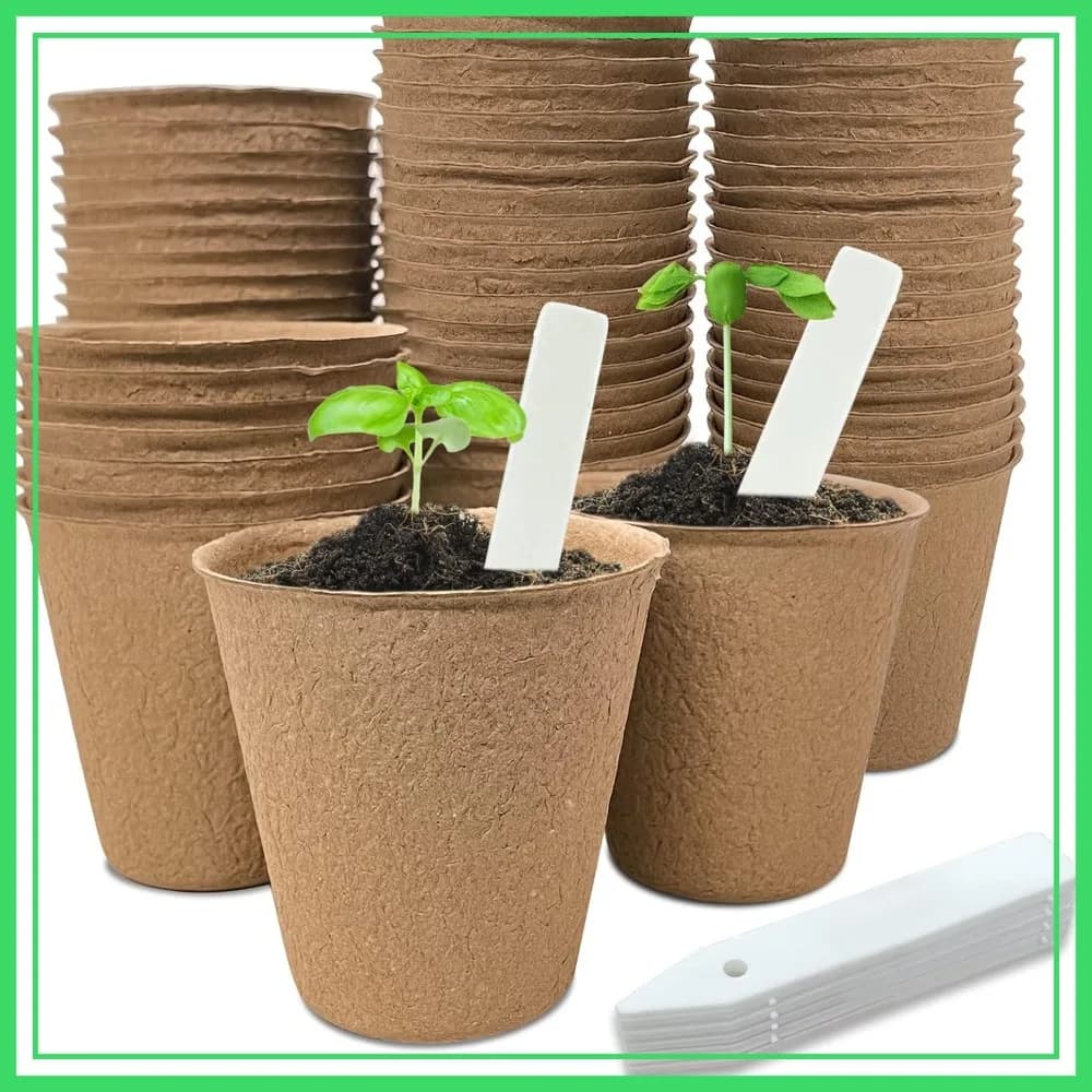 40 Vasi in Torba da 8 cm, Kit Biodegradabile Eco-Friendly per la Germinazione di Semi con 10 Etichette per Fiori, Verdure, Pomodori, Piantine ed Erbe Aromatiche