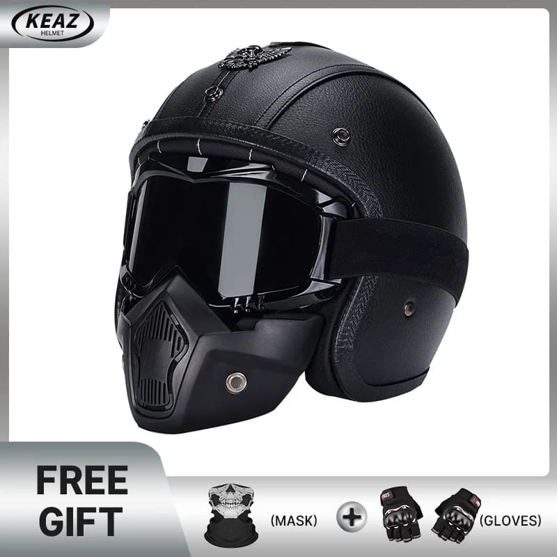 KEAZ Classic Open Face Retro Leather Helmet Genuine Cowhide Motorcycle Cap with Goggles Dust Mask Commuting and Touring