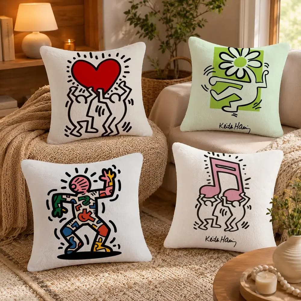 Funny K-Keith H-Harings Cushion Cover Soft Short Plush Pillow Case Double Sided Print Washable Sofa Bed Home Decor Gift