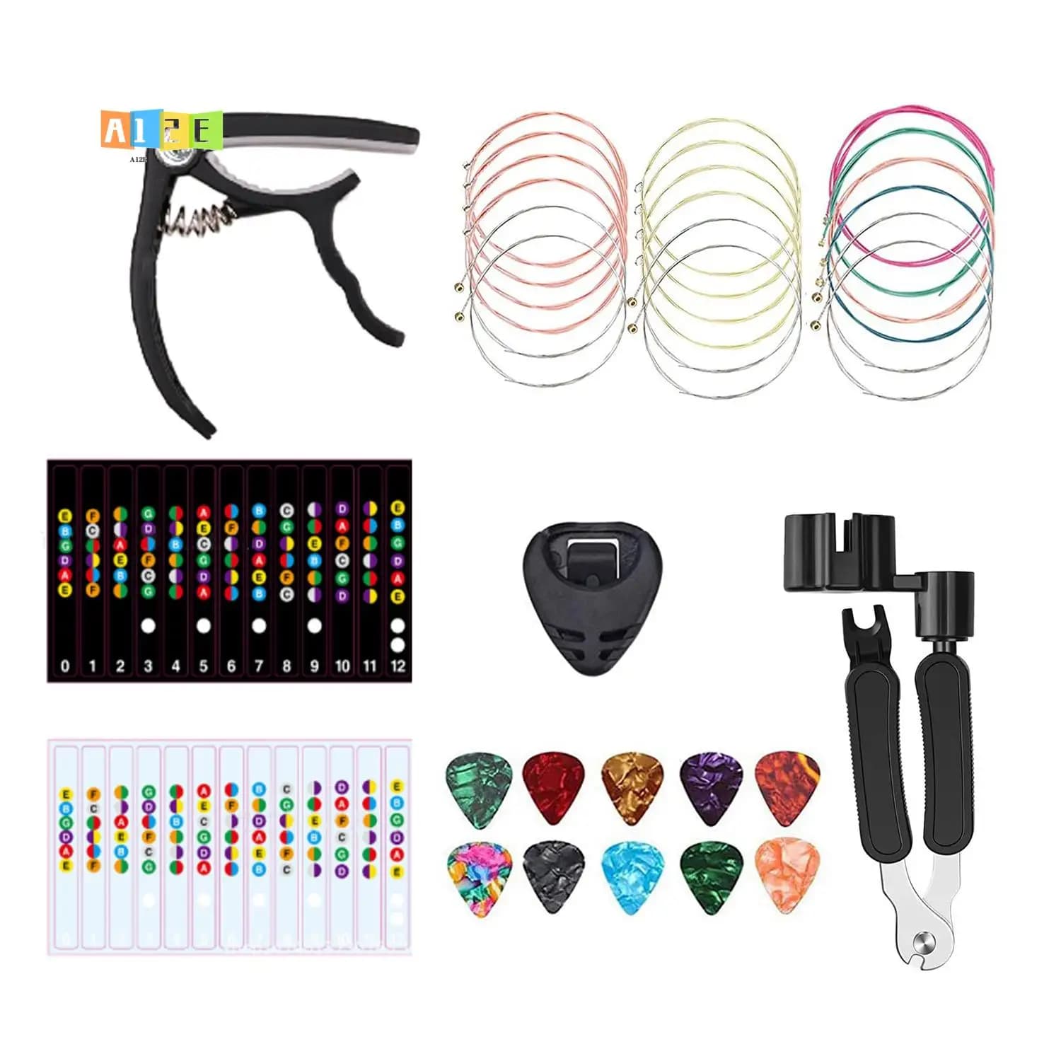 A12E-18PCS Guitar Strings Kit,Acoustic Guitar Changing Tool,Acoustic Strings,Guitar Picks,Capo,Scale Stickers,Picks Holder