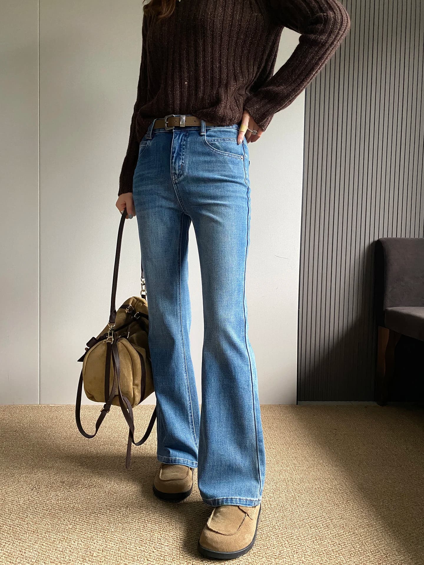 Jeans a Zampa d'Elefante Blu Elasticizzati a Vita Alta da Donna, Nuovi per la Primavera, Resistenti all'Usura, in Denim Morbido, Ideali per il Lavoro e il Tempo Libero