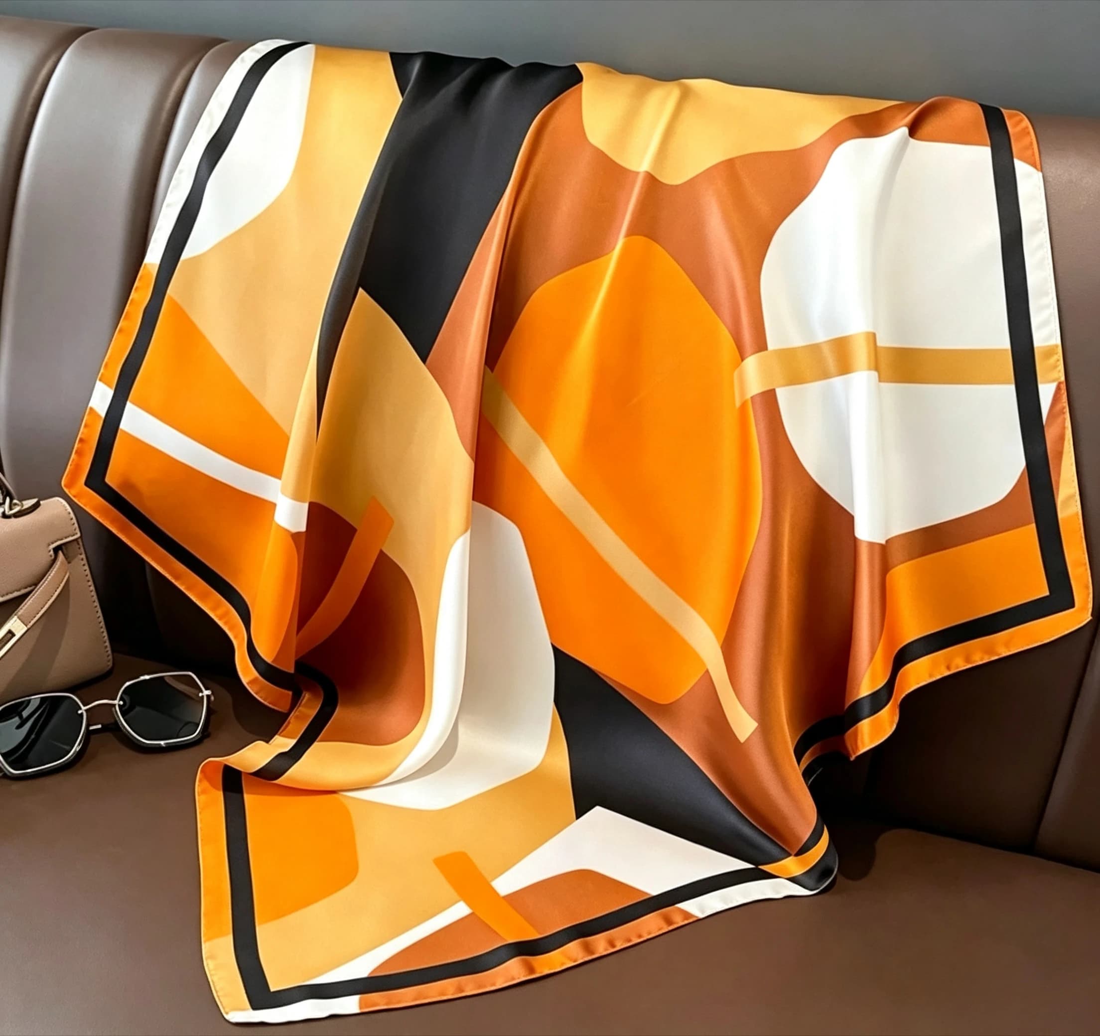 Orange Yellow Abstract Geometric Print Satin Square Scarf With Black Border