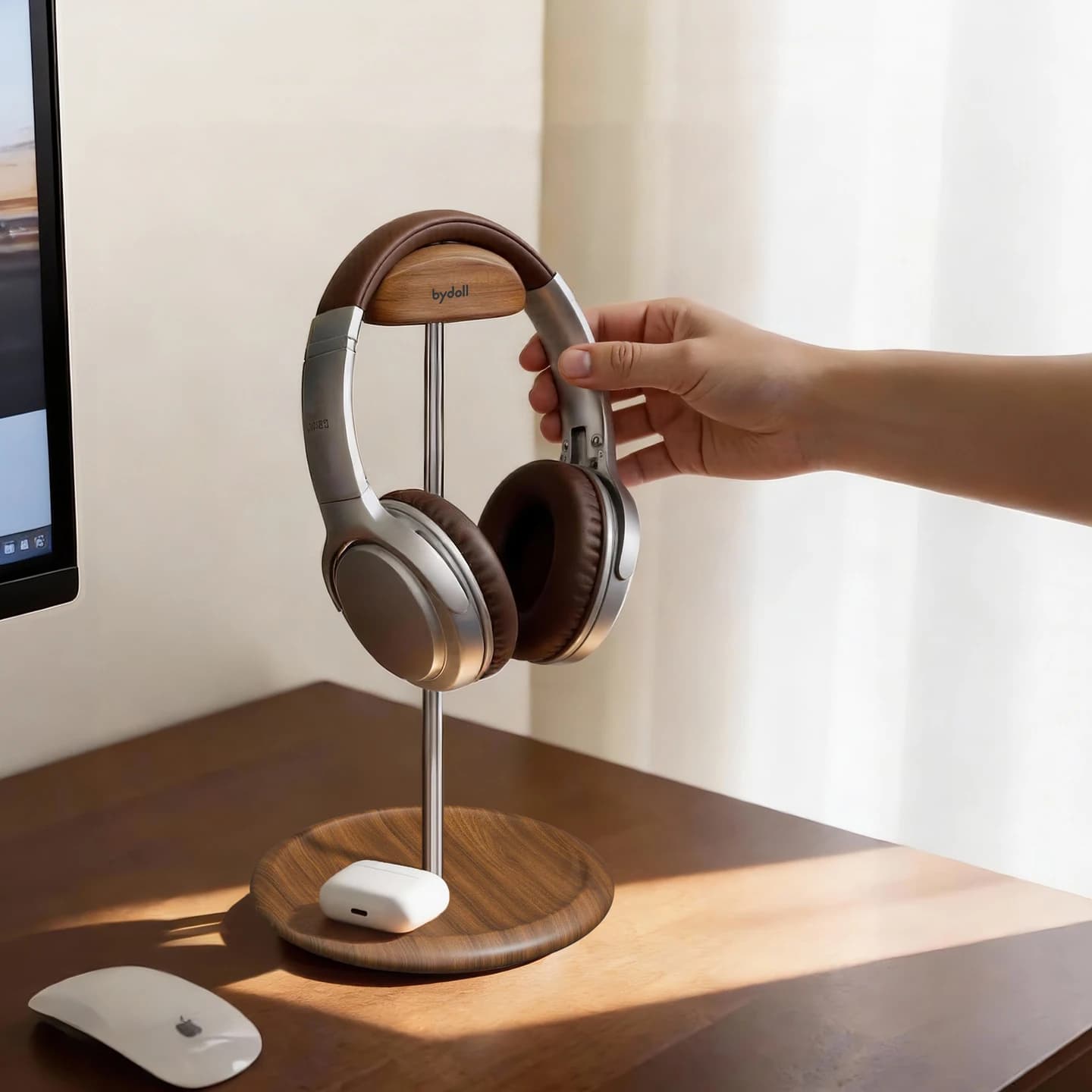 HeMu Curved Walnut Wood Headphone Hanger, Smooth Anti-scratch Desktop Headset Stand Stable Base for Over Ear Headphones Displa